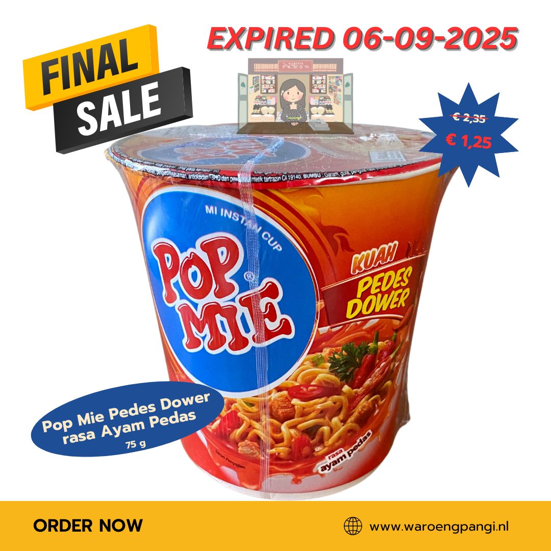 Promo!!! Pop Mie - Mi Cup Pedes Dower rasa Ayam Pedas / Noedels cup Pedes Dower pittige kip-smaak 75gr Expired 06-09-2025