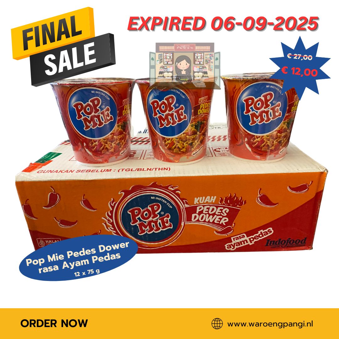 Promo!!! Pop Mie - Mi Cup Pedes Dower rasa Ayam Pedas / Noedels cup Pedes Dower pittige kip-smaak 12 x 75gr Expired 06-09-2025