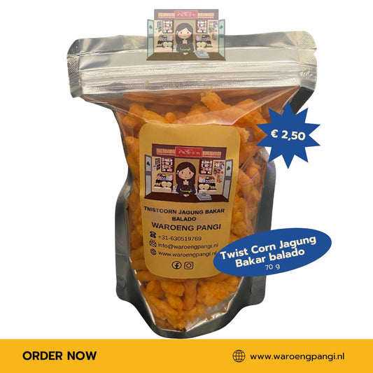 Waroeng Pangi - Twist Corn Jagung Bakar Balado / Twist Corn met geroosterde mais en Balado-smaak 70gr