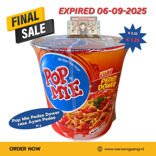 Promo!!! Pop Mie - Mi Cup Pedes Dower rasa Ayam Pedas / Noedels cup Pedes Dower pittige kip-smaak 75gr Expired 06-09-2025