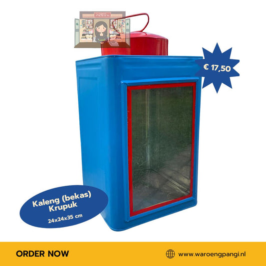 Waroeng Pangi - Kaleng (bekas) krupuk / Tweedehands trommel voor kroepoek 24 × 24 × 35 cm