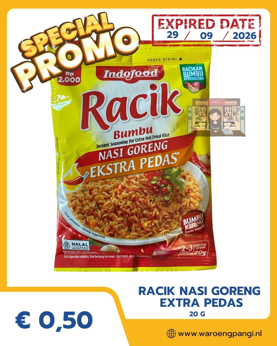 Promo!!! Bumbu Racik Nasi Goreng extra pedas / Kruidenmix voor gebakken rijst, extra pittig, 20gr Expired 29-09-2026